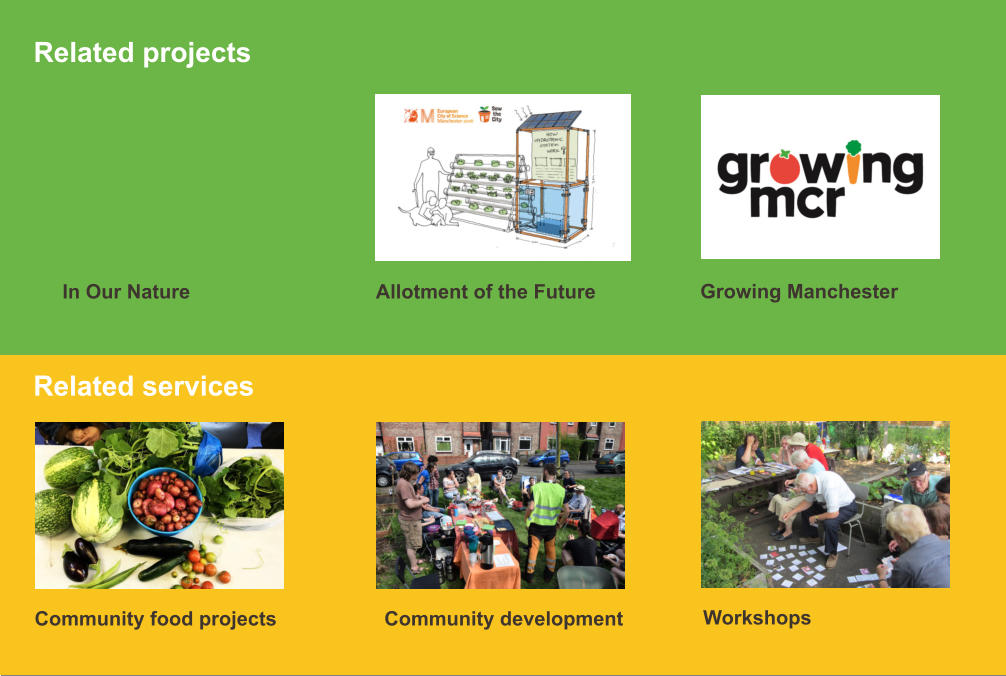 Community food projects  Related services Related projects      In Our Nature  Allotment of the Future   Growing Manchester Workshops Community development